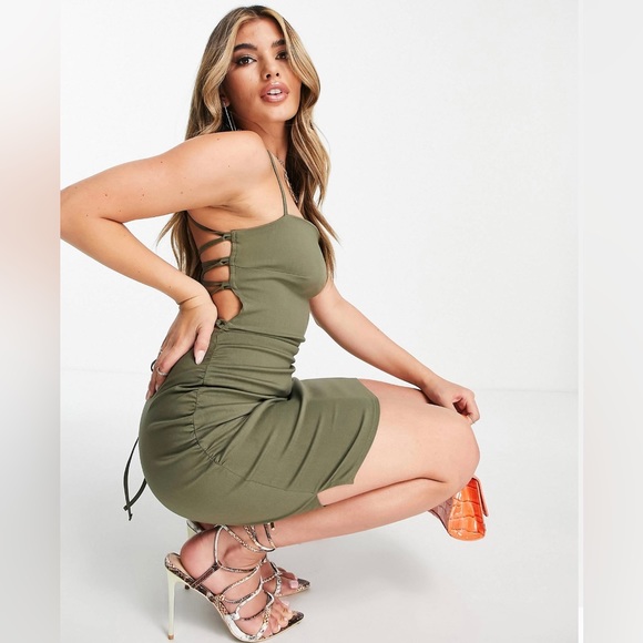 ASOS DESIGN lace-up back structured mini dress with
square neck in khaki - Picture 7 of 8